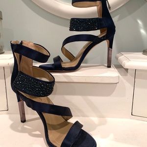 BCBG Navy Satin Stilettos with Stone detailing